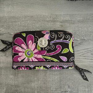 Vera Bradley Quilted Zip Wallet Brown Pink Floral Cotton Wristlet